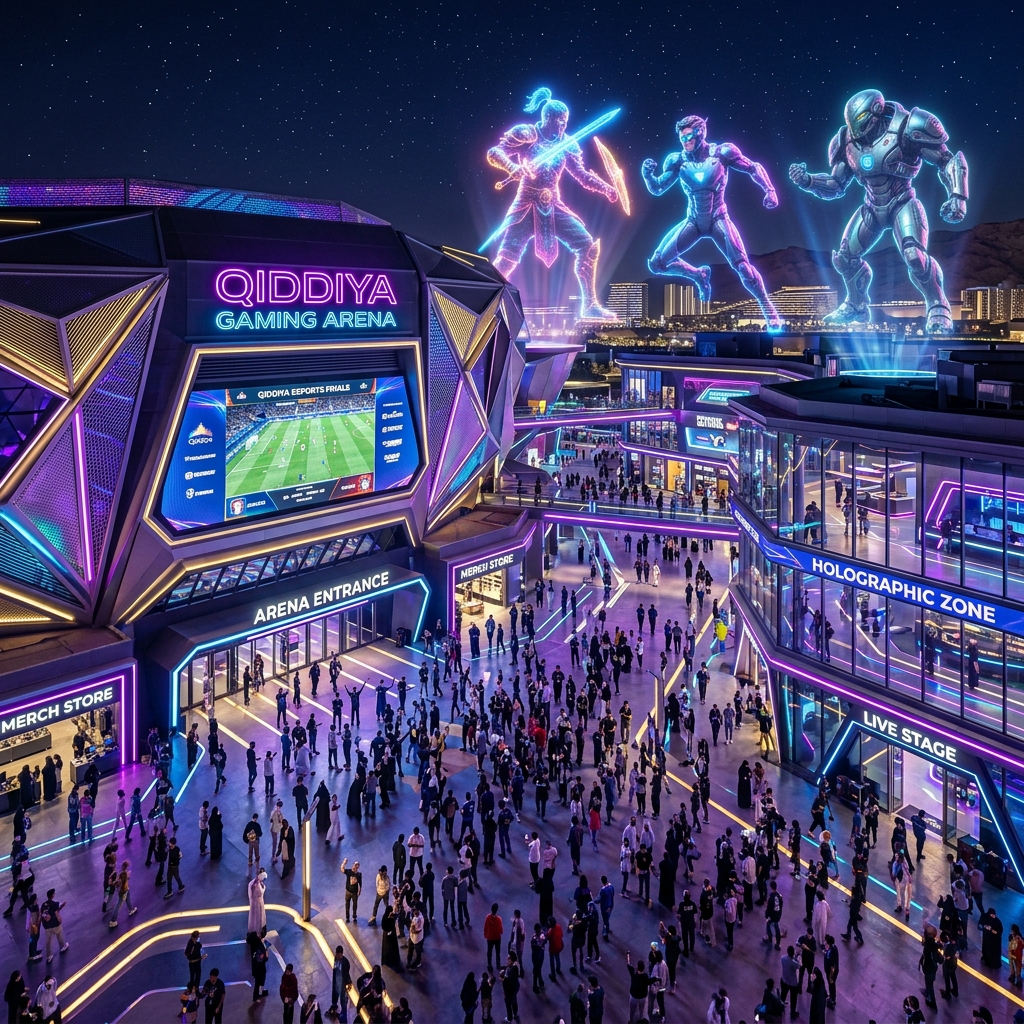 A high-tech holographic arena within Qiddiya's massive Gaming & Esports District during a major gaming tournament